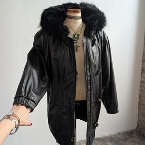 Vintage Black Leather Jacket Penny Lane Fur Hooded Trench Coat Minimalist Medium